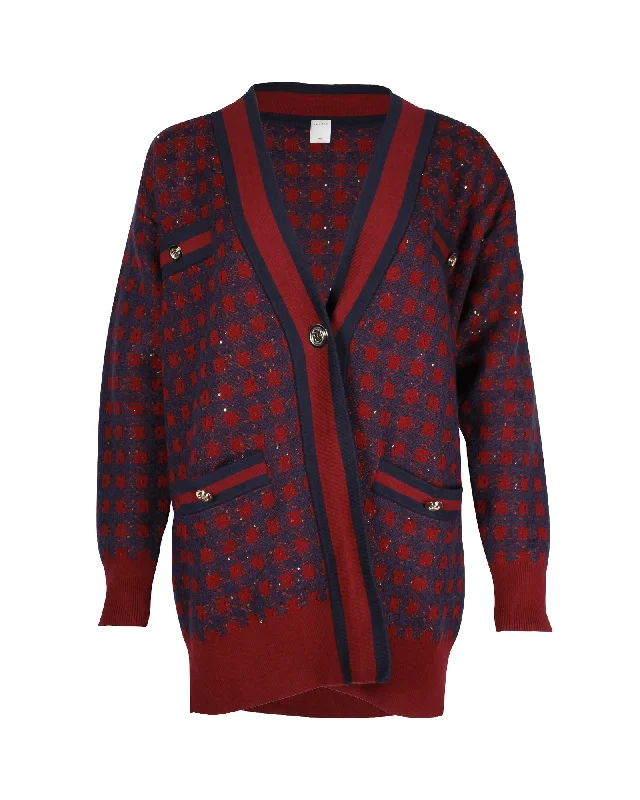 Sandro Paris Margot Check Sequin Oversized Cardigan in Maroon and Navy Cotton Blend Crewneck sweaters