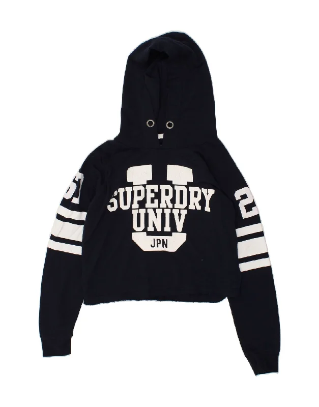 SUPERDRY Womens Crop Graphic Hoodie Jumper UK 16 Large Navy Blue Women's sweaters