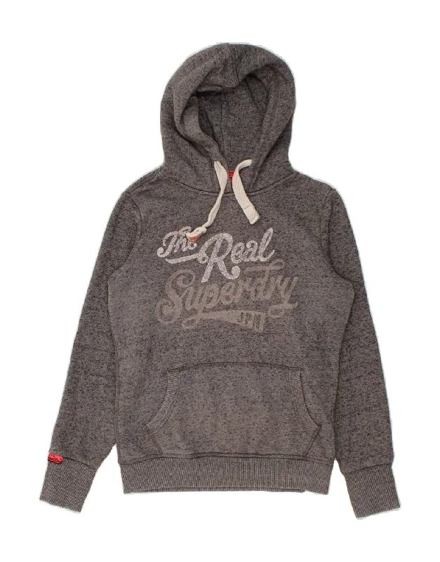 SUPERDRY Womens Graphic Hoodie Jumper UK 10 Small Grey Flecked Cotton Stretchable sweaters