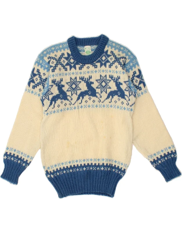 VINTAGE Womens Crew Neck Jumper Sweater EU 38 Medium Blue Fair Isle Wool Fashionable sweaters