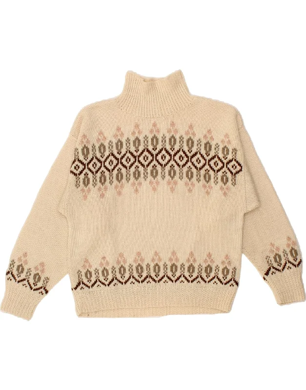 VINTAGE Womens Roll Neck Jumper Sweater UK 12 Medium Beige Fair Isle Minimalist sweaters