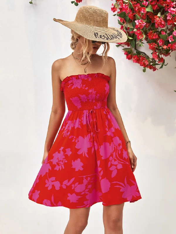 Floral Frill Trim Strapless Smocked Dress Off-shoulder mini dresses