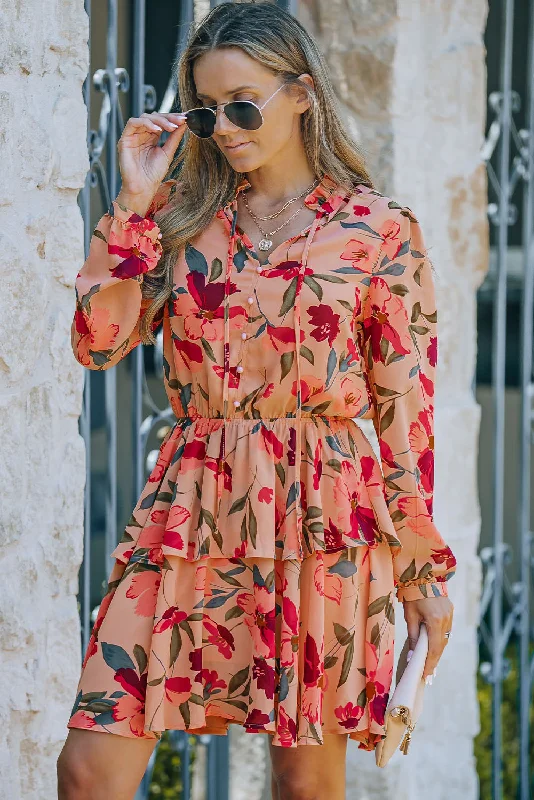 Floral Tie Neck Long Sleeve Layered Dress Zara mini dresses