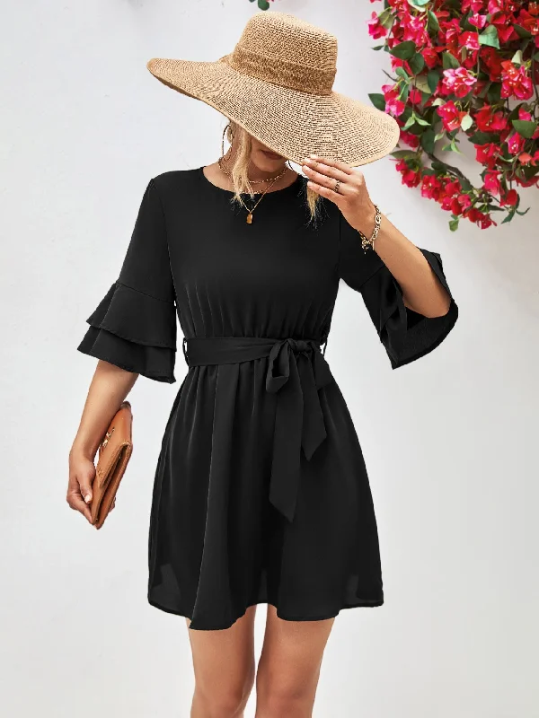 Round Neck Tie Belt Flounce Sleeve Dress Women's trendy mini dresses sale