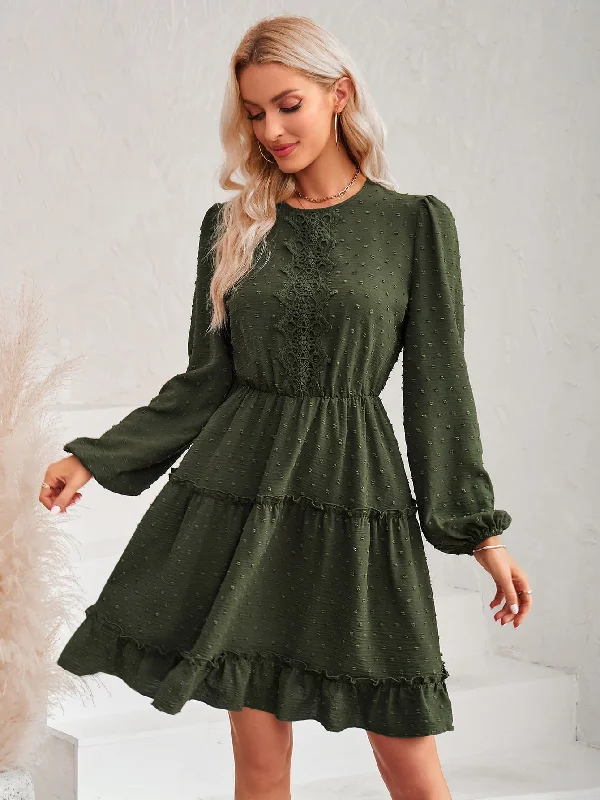 Swiss Dot Lace Trim Balloon Sleeve Dress Festival mini dresses