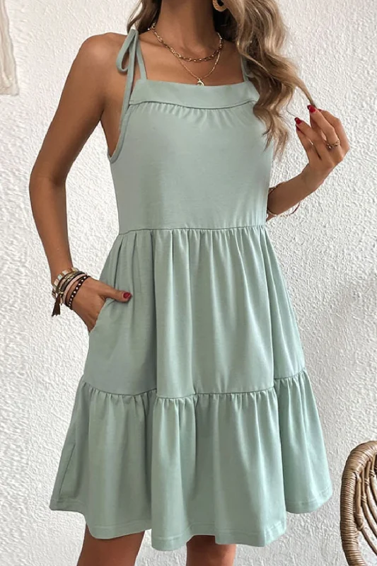 Tie-Shoulder Tiered Dress with Pockets Minimalist mini dresses