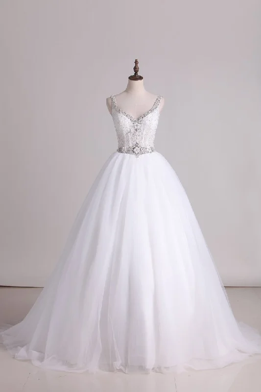 2024 Wedding Dresses Straps With Applique And Beads Tulle A Line Beautiful Lace Gown