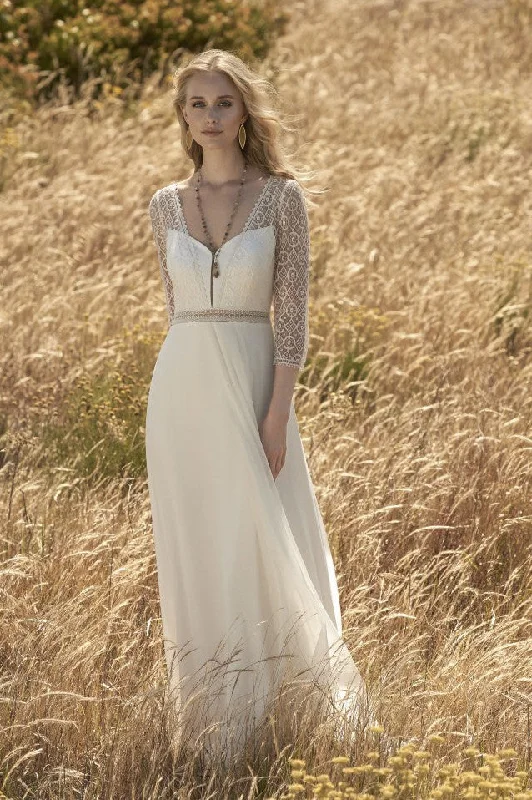 3/4 Sleeve Chiffon Elegant Wedding Dress With Lace Top And Keyhole Back-715878 Empire Waist Dress