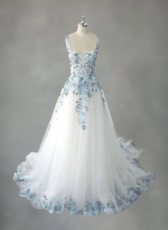 Blue Floral Lace Wedding Dress with Straps and Open Back ET3071 Off-shoulder Bridal Gown