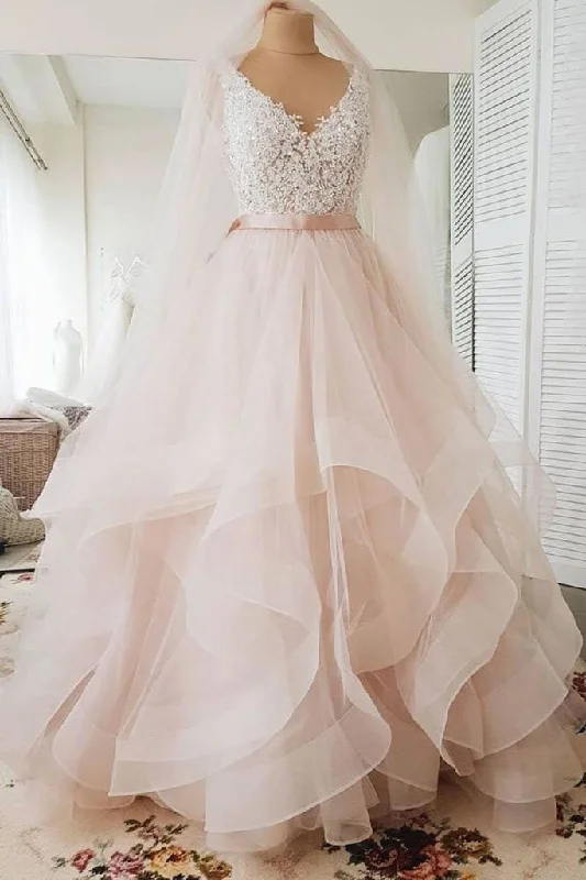 Blush Pink Lace Wedding Dress Multi-Layered Wedding Gowns With Ribbon N1634 Classic Bridal Dress