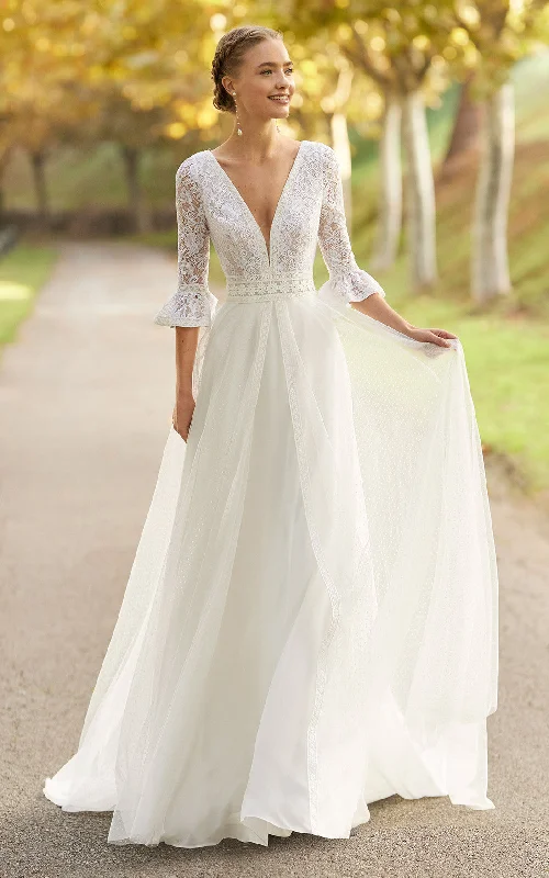 Bohemian A-Line V-neck Tulle Wedding Dress With Button Back And Appliques-716726 Lace Wedding Gown