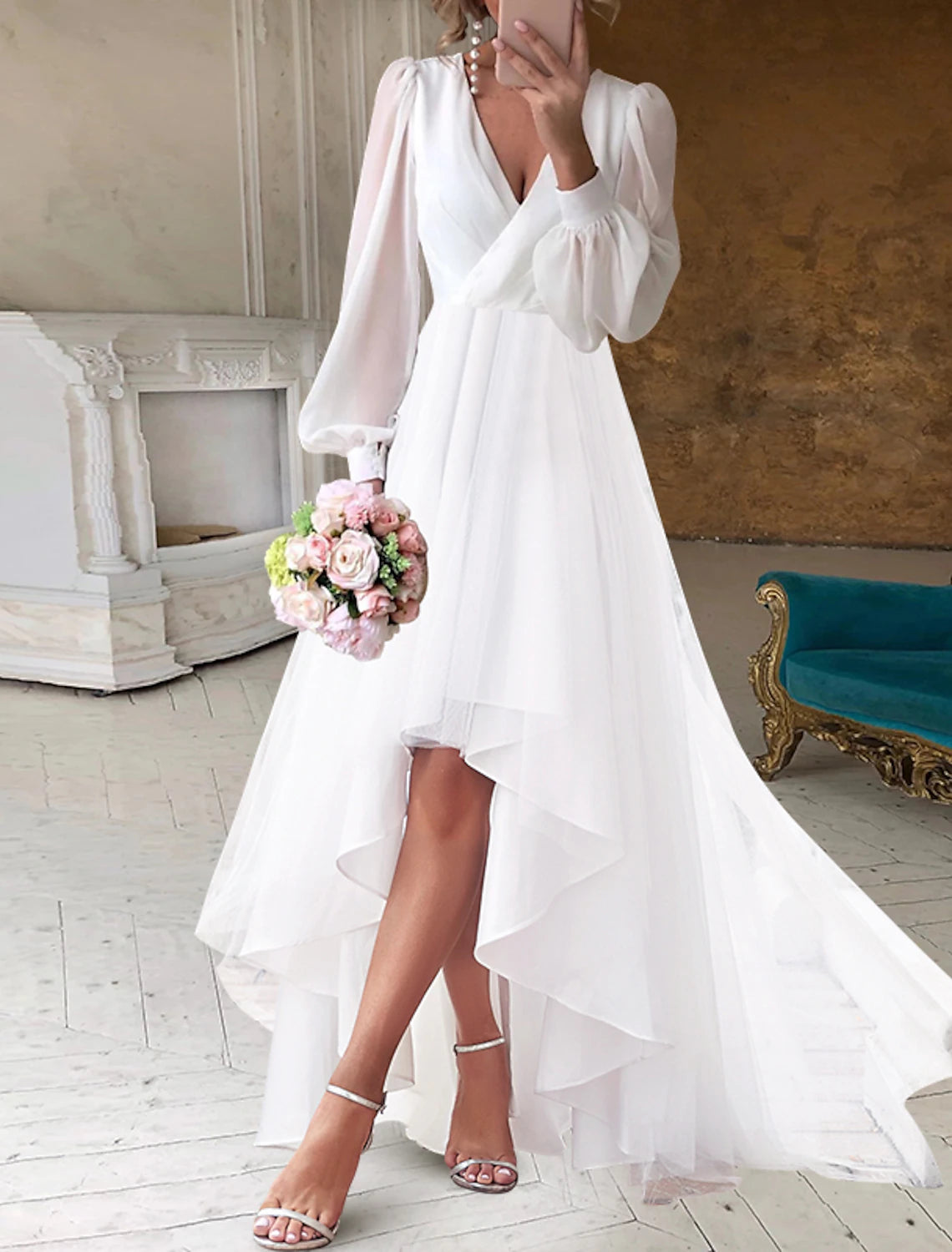 Bridal Shower Fall Wedding Dresses Little White Dresses Casual A-Line V Neck Long Sleeve Asymmetrical Chiffon Bridal Gowns With Solid Color Summer Wedding Party Women's Clothing Romantic Satin Dress