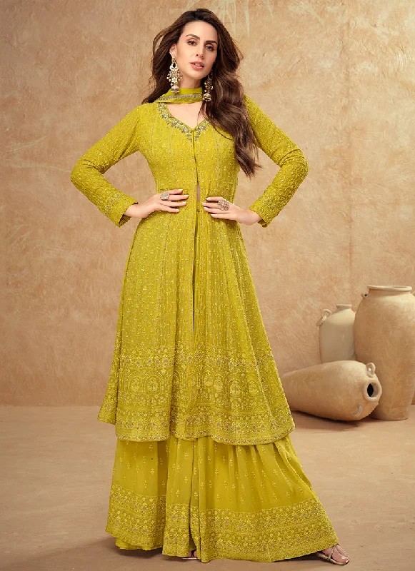 Canary Yellow Traditional Embroidery Slit Style Anarkali Palazzo Suit Soft Lace Gown