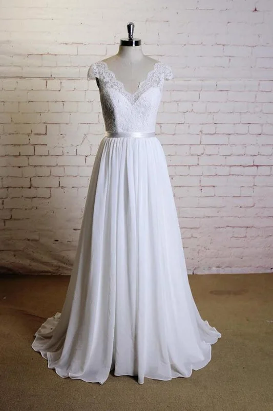 Cap Sleeve A-line Lace Chiffon Wedding Dress Soft Wedding Gown