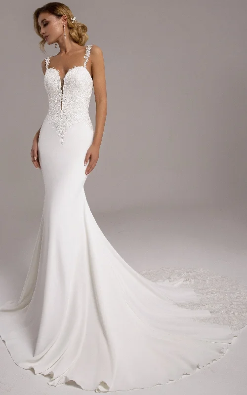 Casual Mermaid Plunging Neck Satin Court Train Wedding Dress with Appliques-716416 White Lace Gown