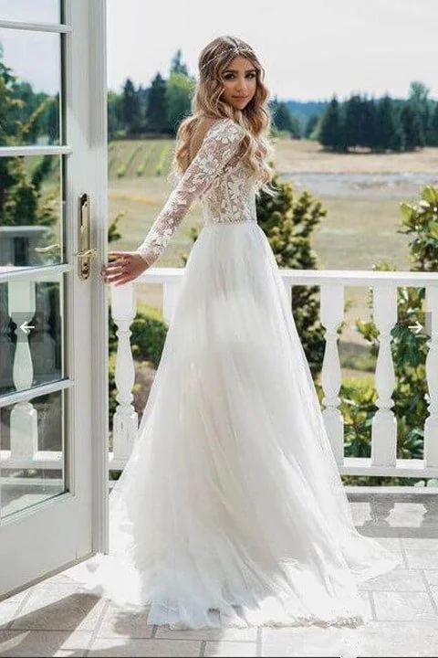 Charming Open Back Long Sleeves Lace Tulle See Through  Wedding Dress Bridal Dresses Ball Gown Wedding