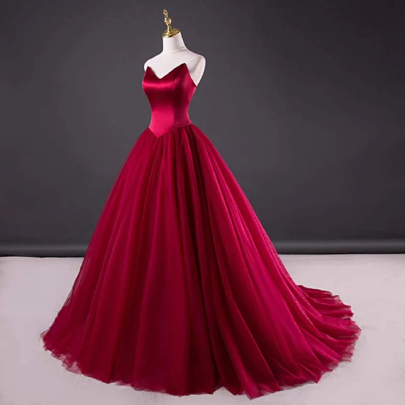 Dark Red Strapless Ball Gown Wedding Dress ET3003 Lace Back Wedding