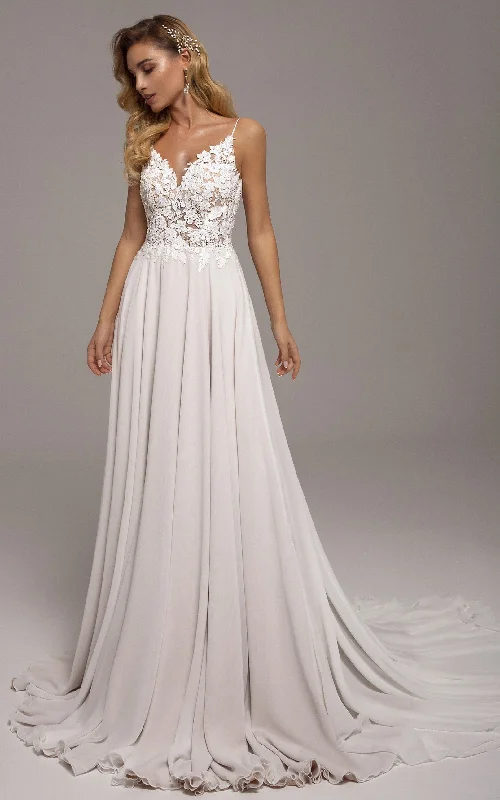 Elegant A-Line Spaghetti Chiffon Lace Court Train Wedding Dress with Appliques-716417 Mermaid Wedding Gown