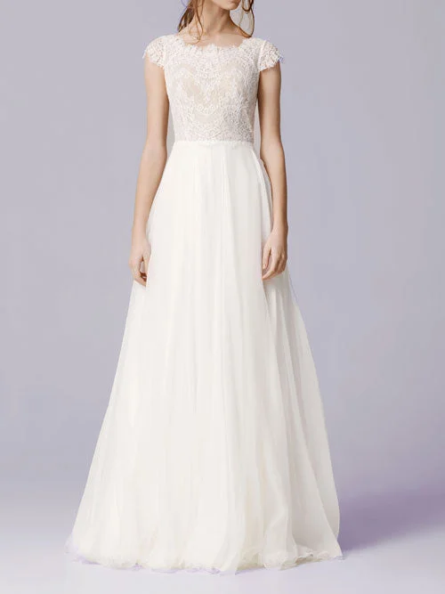 Elegant Lace Chiffon Wedding Dress with Cap Sleeves ON1001 Soft Satin Bridal