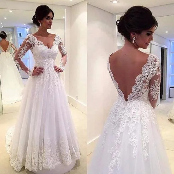 Fabulous Long Sleeve Pleated Long Lace Dress With Low-v Back Style-BU_708779 Lace A-line Dress