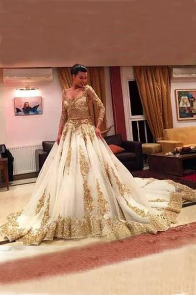 Gold Lace Long Sleeves V-Neck Beading Chapel Train Ball Gown Wedding Dresses Elegant Satin Dress