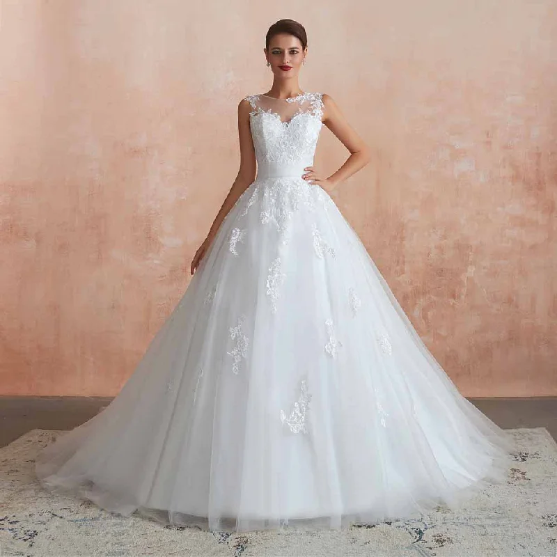 Lace Ball Gown Wedding Dress with Illusion Neckline EN3415 Floral Bridal Gown