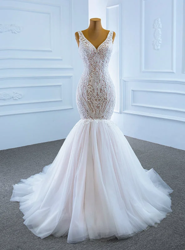 Largest Sexy White Mermaid Tulle V-neck Appliques Formal Wedding Dress Full Skirt Wedding