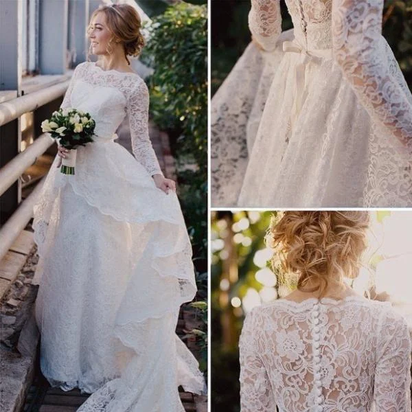 Long Sleeve High Neck Layered High Low Lace Gown With Illusion Back-BU_708780 Sparkle Bridal Dress