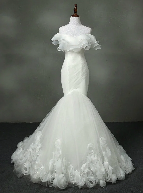 Luxurious Strapless Wedding Dress Mermaid Real Photo Tulle With Ruffles A-line Wedding Gown