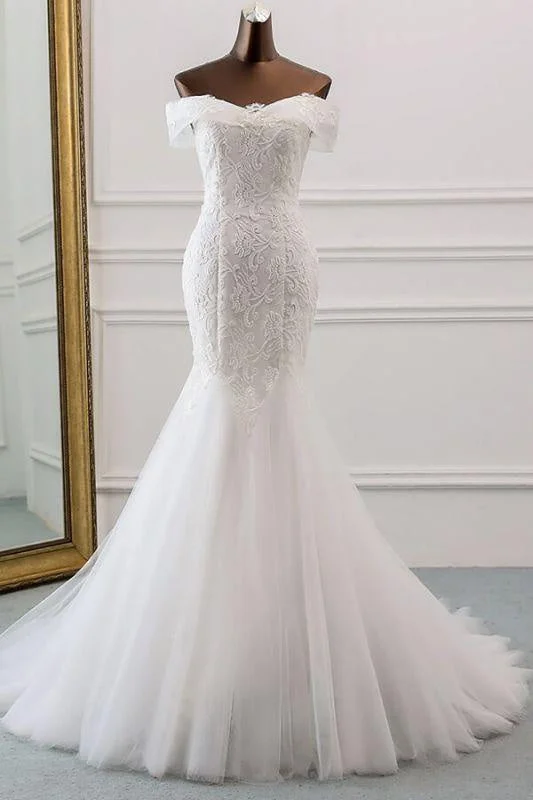 Bridelily Off Shoulder Appliques Tulle Mermaid Wedding Dress Simple Wedding Dress