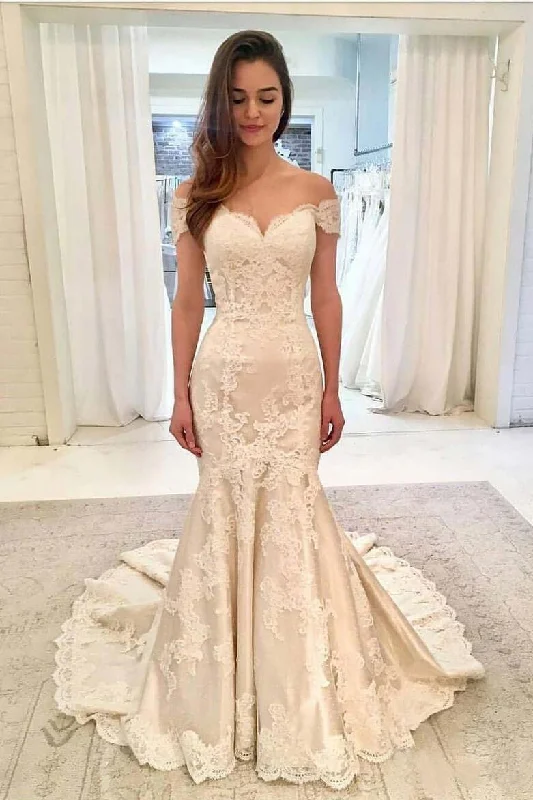 Off the Shoulder Lace Mermaid Sweetheart Wedding Dresses with Train Wedding Gowns Chic Lace Dress