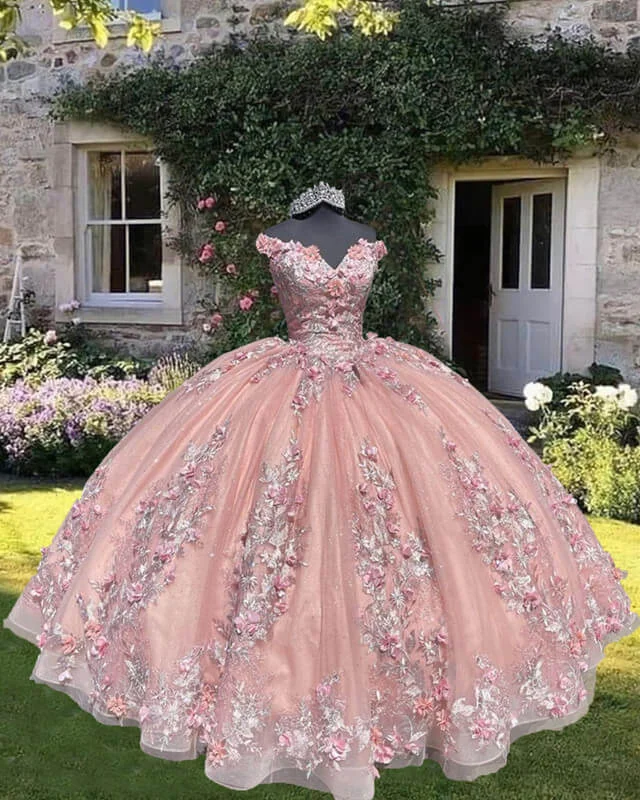 Light Pink Off Shoulder Quinceanera Dresses With 3D Flowers Floral Lace Wedding