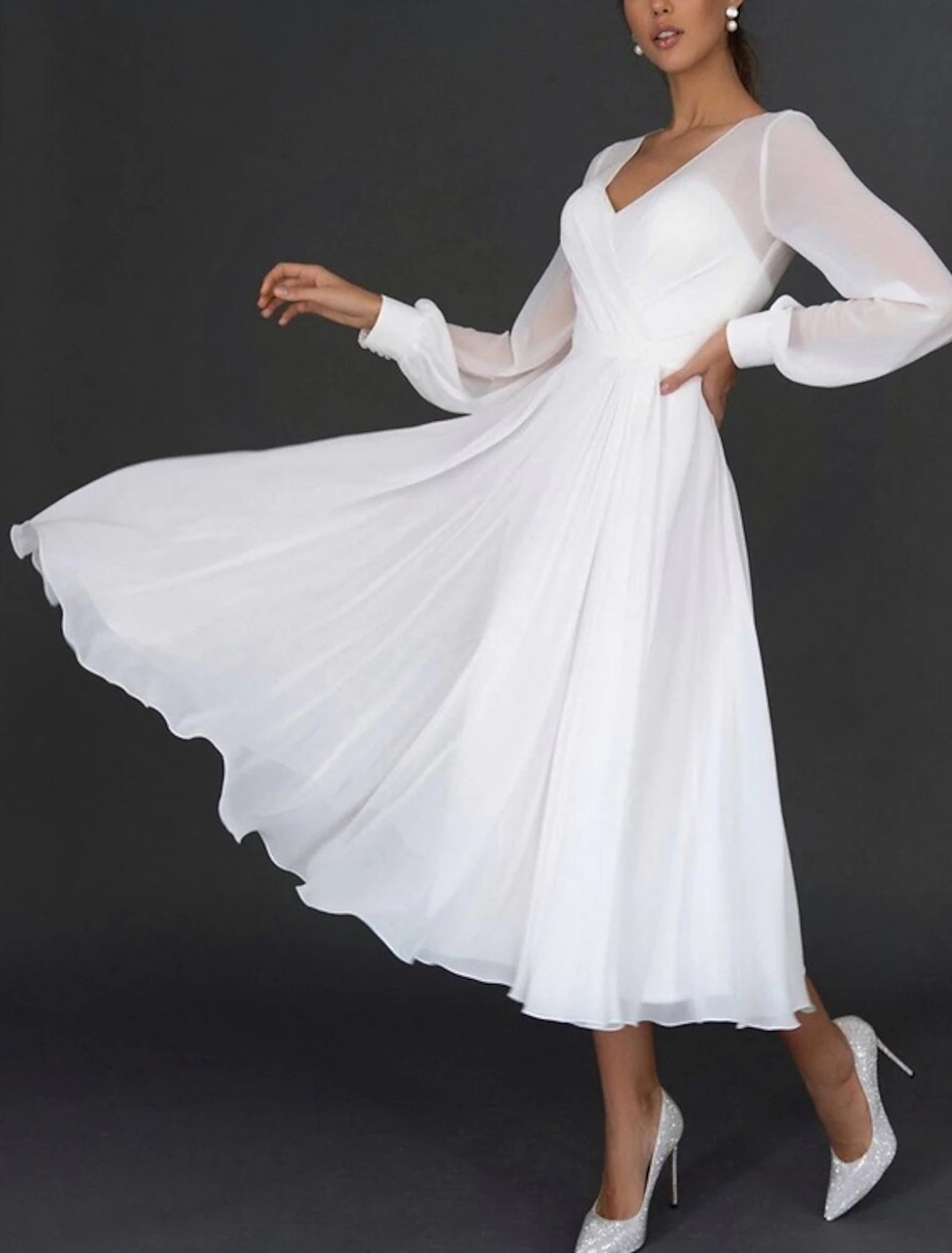 Reception Little White Dresses Wedding Dresses A-Line V Neck Long Sleeve Tea Length Chiffon Bridal Gowns With Pleats Off-shoulder Gown