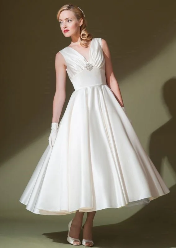 Retro 50s Tea Length V Neck Satin Wedding Dress Simple Wedding Gown