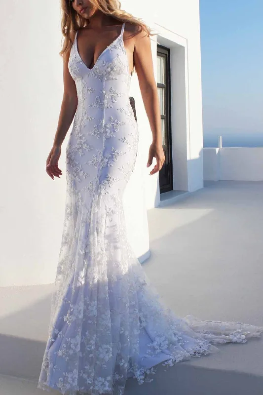 Sexy Backless Off White Mermaid Lace V Neck Wedding Dresses Long Prom Dresses Sparkling Wedding Dress