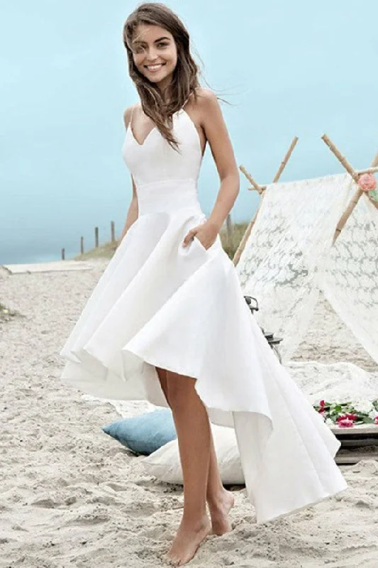 Simple V-Neck Spaghetti Strap A-Line Hi-Lo Wedding Dress with Pockets Classic Satin Gown