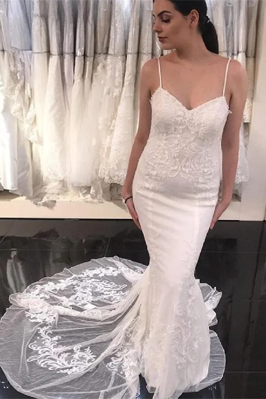 Spaghetti Straps Sheath Classy Ivory Lace Long Wedding Dresses Elegant Lace Gown