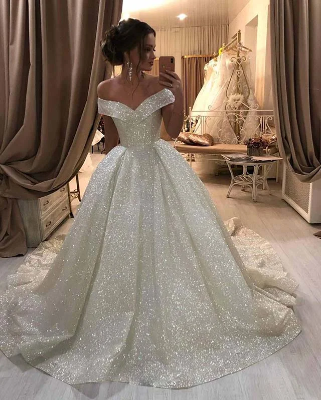 Sparkly Bling Bling Sequins Ball Gowns Wedding Dresses Off Shoulder Illusion Neckline Gown