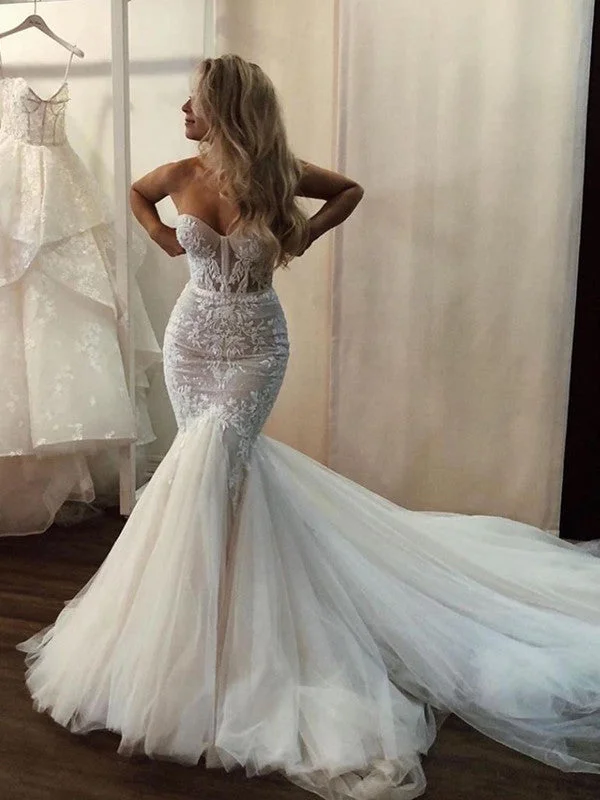 Strapless Sexy Sweetheart Bridal Gowns, Mermaid Lace Newest Wedding Dresses Vintage Wedding Gown