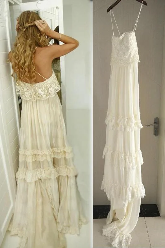 Vintage Hippie Style Boho Beach Wedding Dress Spaghetti Straps Tiered Lace Chiffon Dress N1632 Simple Satin Gown