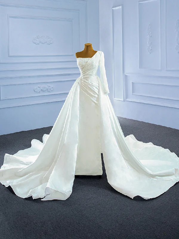 White Satin One Shoulder Pearls Wedding Dress Sexy Wedding Dress