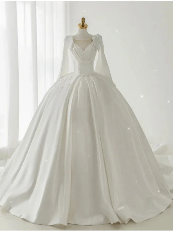 White Satin Pleats Pearls Wedding Dress Full Skirt Gown