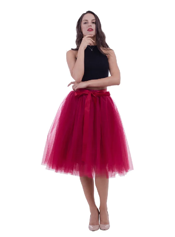 Burgundy Gauze Belt Puff Tulle Skirt Leather unclassified skirts