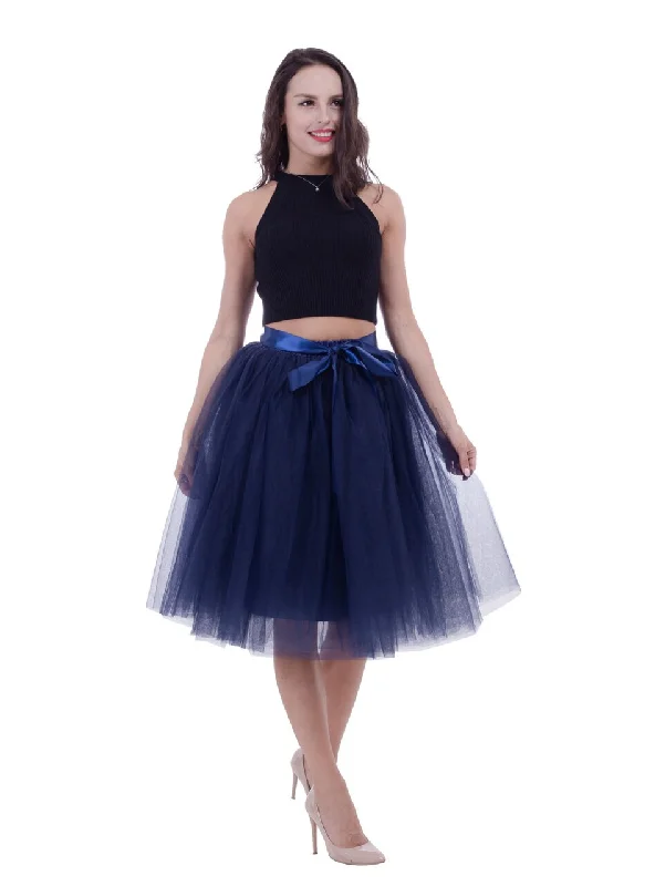 Navy Blue Gauze Belt Puff Tulle Skirt Printed unclassified skirts