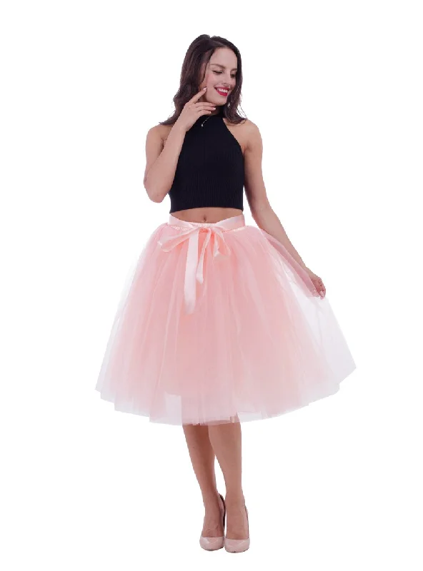 Peach Pink Gauze Belt Puff Tulle Skirt Striped unclassified skirts