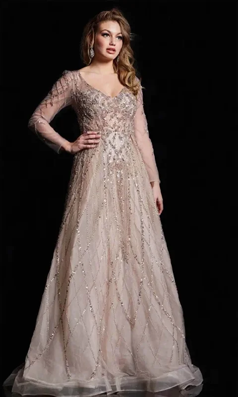 Jovani 38589 - Sheer Long Sleeve Beaded Prom Gown Fashion-forward party dresses