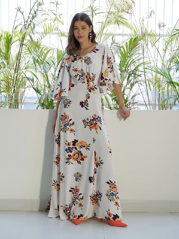 Berrylush Women White & Orange Floral Printed V-Neck Bell Sleeves Flared Maxi Dress Best maxi dresses for date night