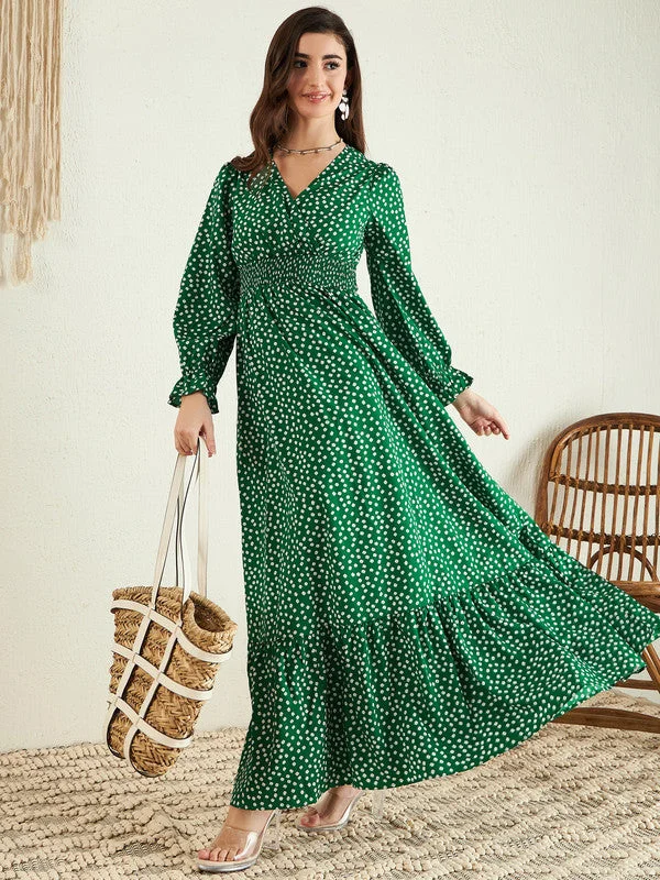 Berrylush Women Green & White Floral Printed V-Neck Bishop Sleeves Flounce Hem Ruffled A-Line Maxi Dress Prom maxi dresses