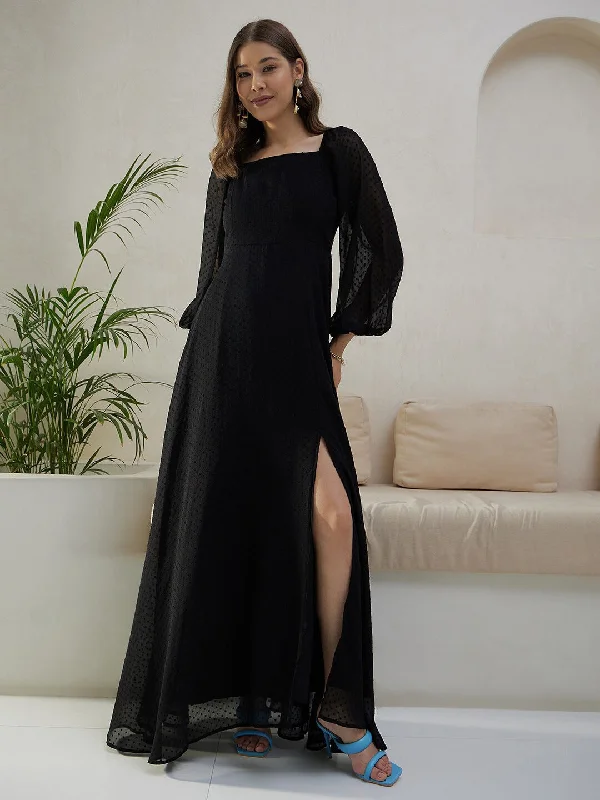 Berrylush Women Solid Black Dobby Weave Square Neck Puff Sleeves Thigh-High Slit Flared Maxi Dress Best maxi dresses for formal events