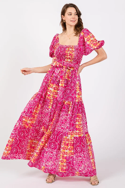 Fuchsia Floral Smocked Short Puff Sleeve Tiered Maxi Dress Birthday maxi dresses